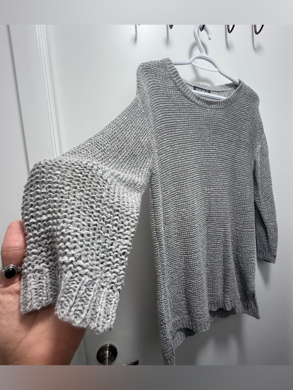 Light Gray Knit Women's Sweater - Relaxed Crewneck with Bell Sleeves - Size S